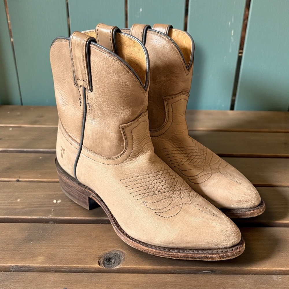 Frye Leather Western Ankle Boots Women 6.5 B Tan Distressed Cowboy Made Mexico